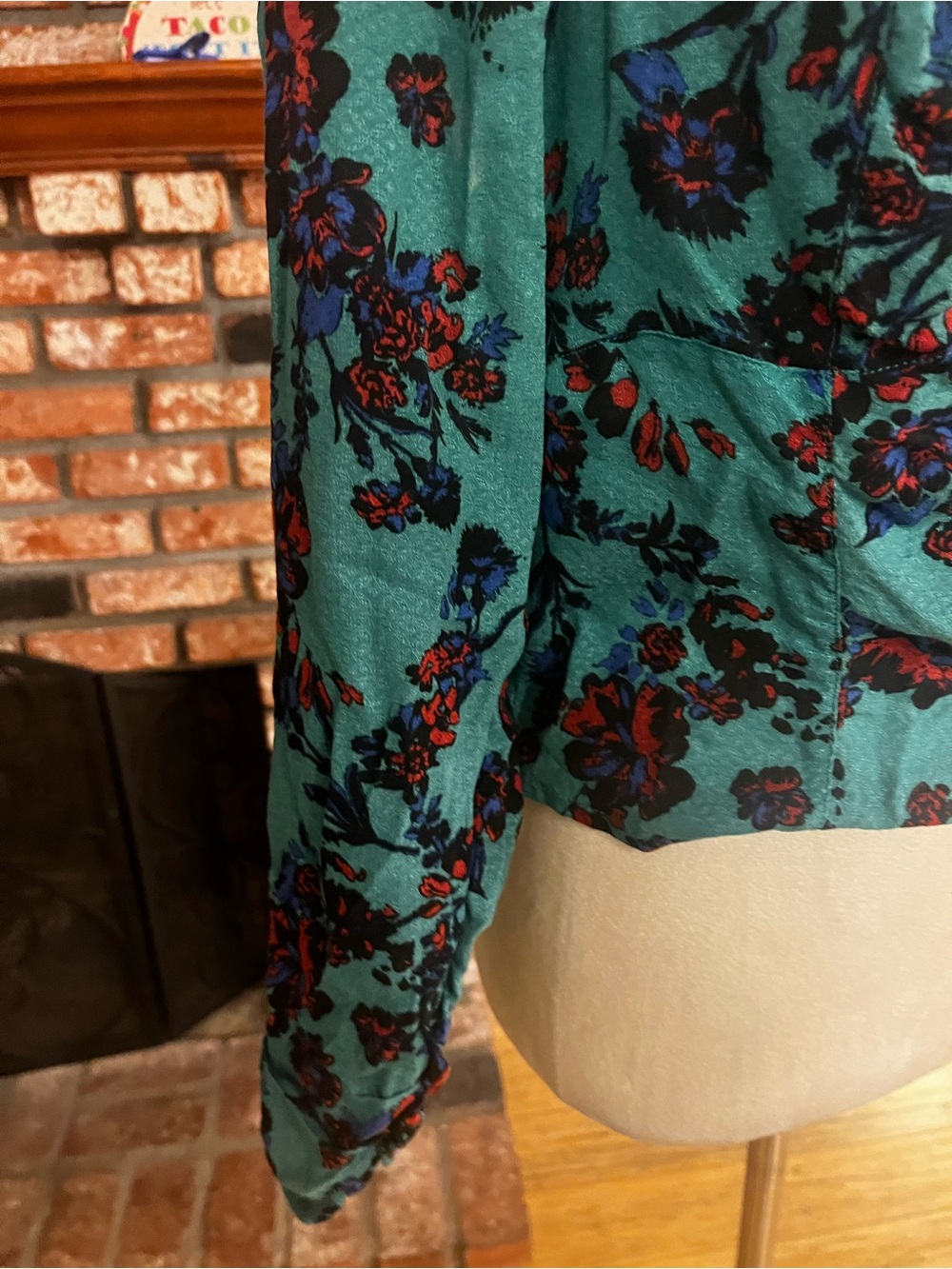Free People Teal Floral Square-Neck Long Sleeve Blouse - Picture 3 of 6